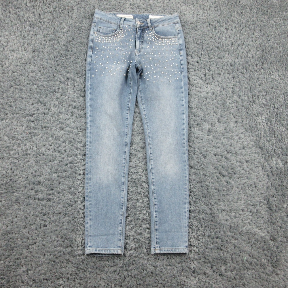 Pilcro and the Letterpress Jeans Womens 27 Blue Pearl Embellished Script Skinny